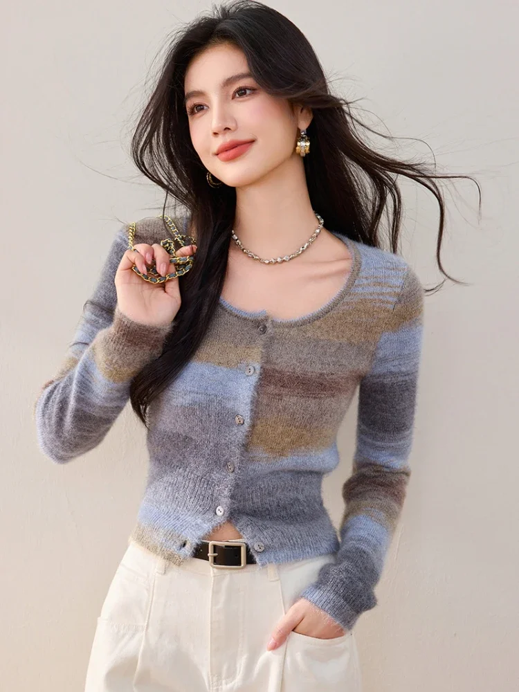 

Vintage Contrast Color Knittied Cardigan Women's Sweater Spring Autumn New Korean Fashion O-Neck Long Sleeve Knitwear Crop Tops