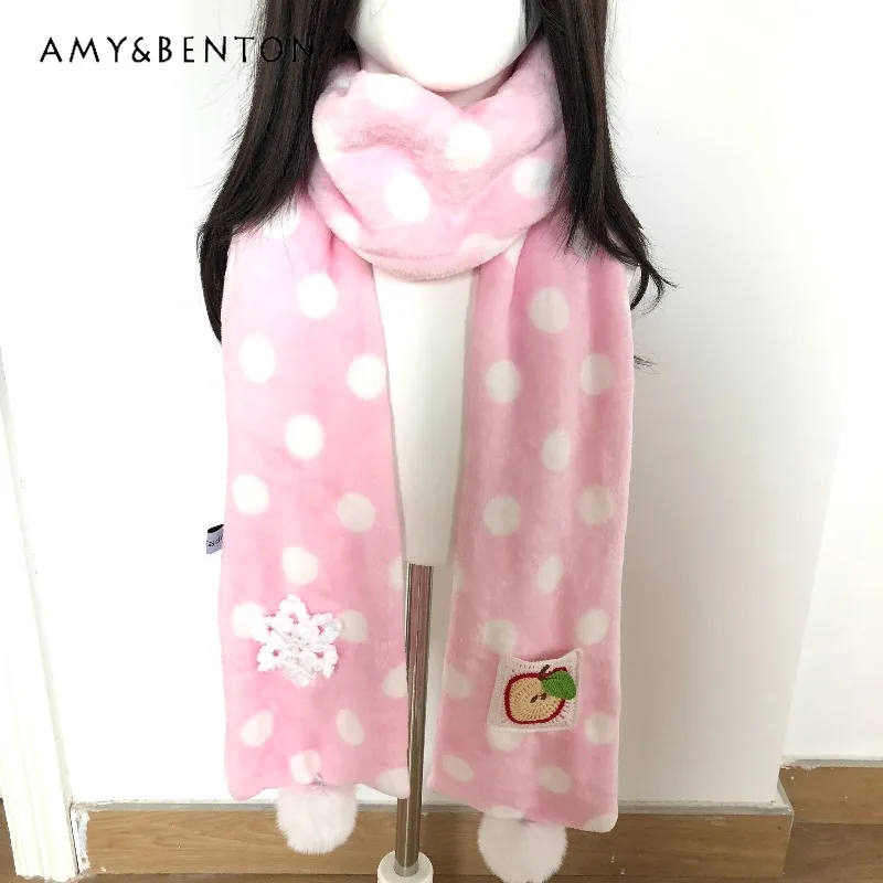 الأصلي لطيف البولكا نقطة الكرتون وشاح مطرز الخريف الشتاء جديد النمط الياباني Kawaii سميكة الدافئة الوردي وشاح المرأة