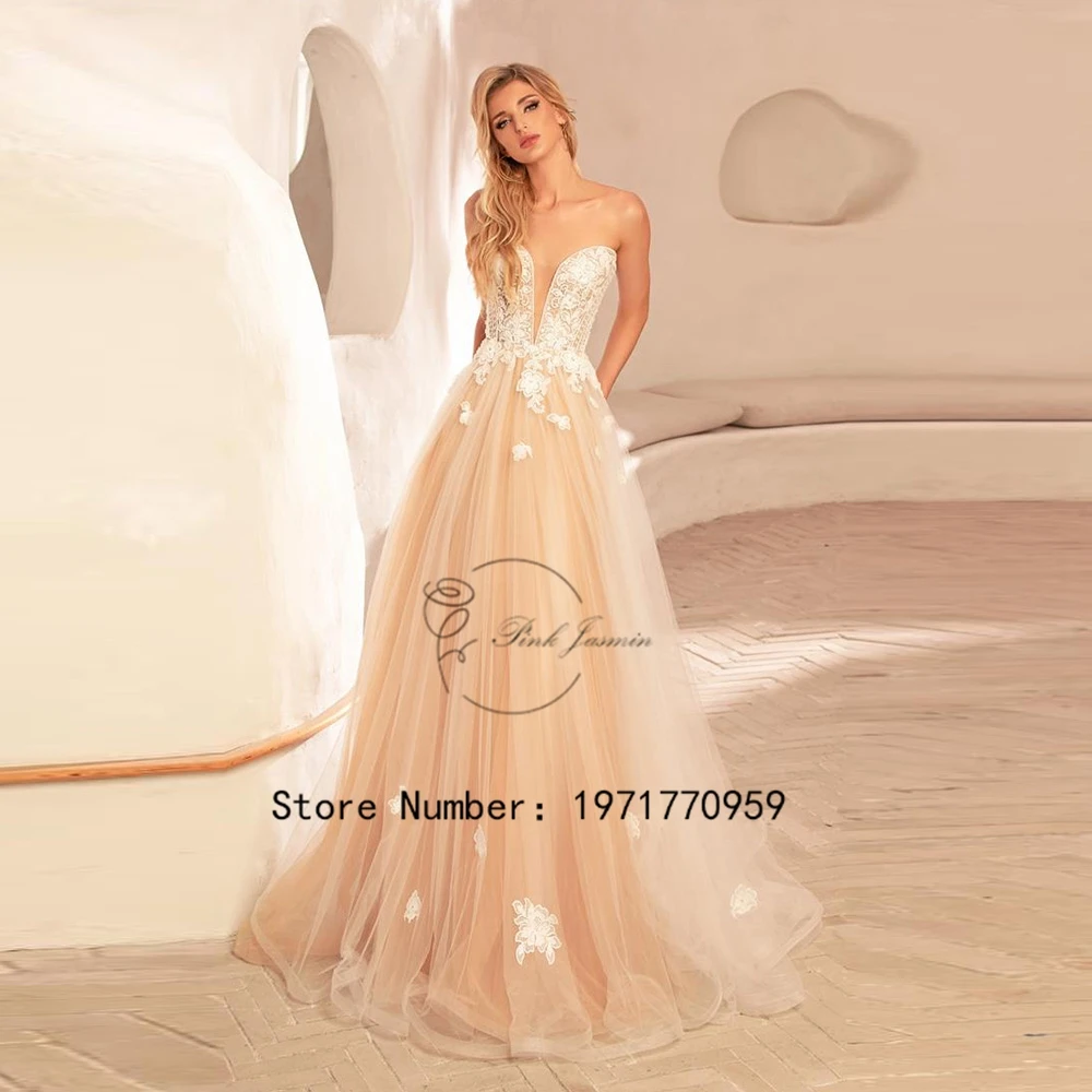 

Champagne Strapless Wedding Dress For Women Applique Lace Elegant Bride Gowns High Quality Tulle A-Line Custom Made Vestido de