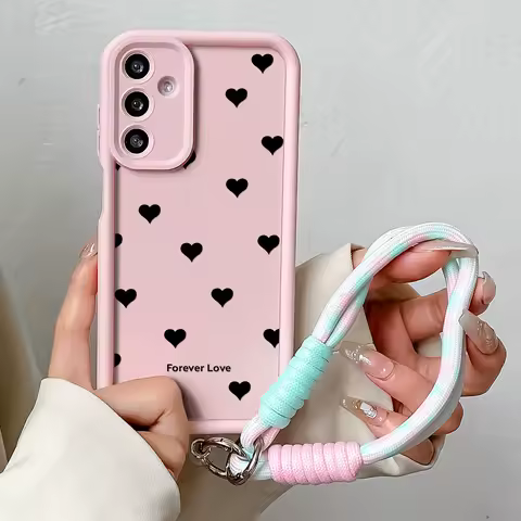 Lanyard Phone Case For Samsung S25 S24 FE S23 S22 S21 Plus Ultra S20 FE A31 21s 12 06 50 11 05S Love Heart Wrist Chain Cover