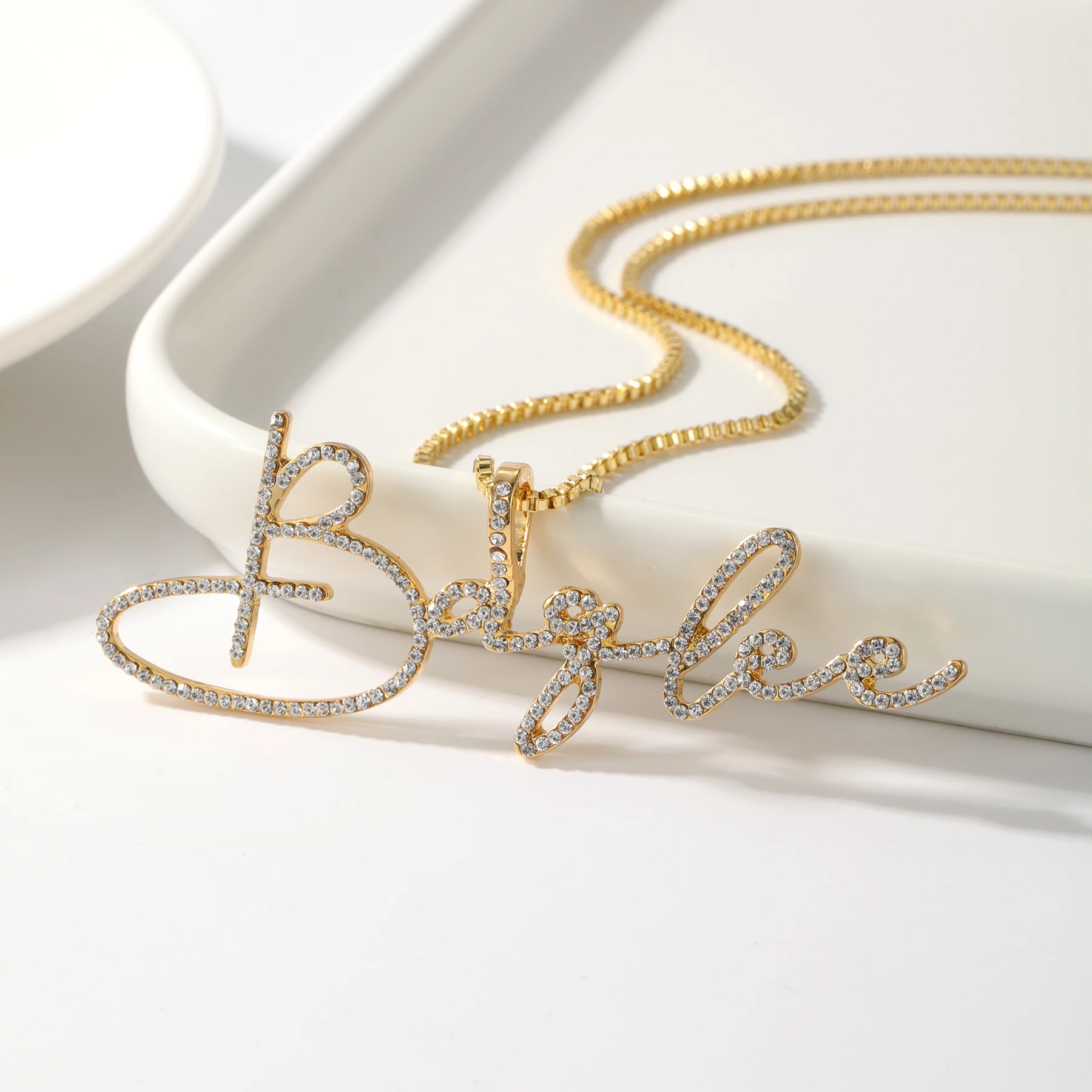 Zciti Rhinestone Name Necklace Personalized Custom Name Pendant For Women 18k Gold-Plated Stainless Steel Valentine'S Day Gift