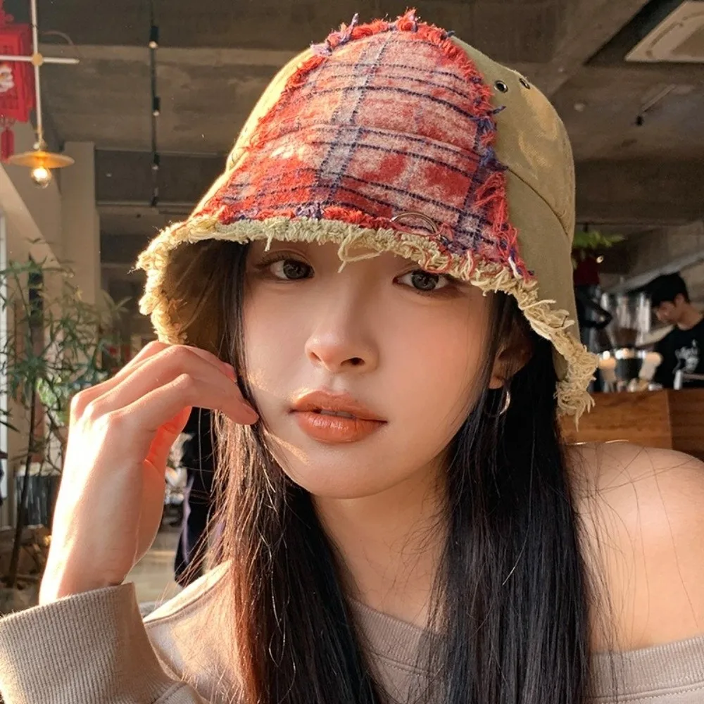 

Vintage Japanese Plaid Bucket Hat Patched Splicing Retro Fisherman Hat Beggar Style Bule Sun Protection Basin Cap Women