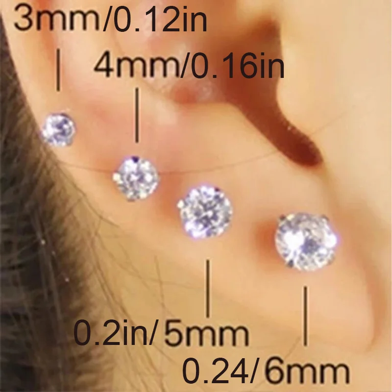 3pc/set Simple Cubic Zirconia Tragus Bar CZ Cartilage Stud Earrings Stainless Steel Lobe Screw Back Ear Piercing Jewelry 3/4/5mm