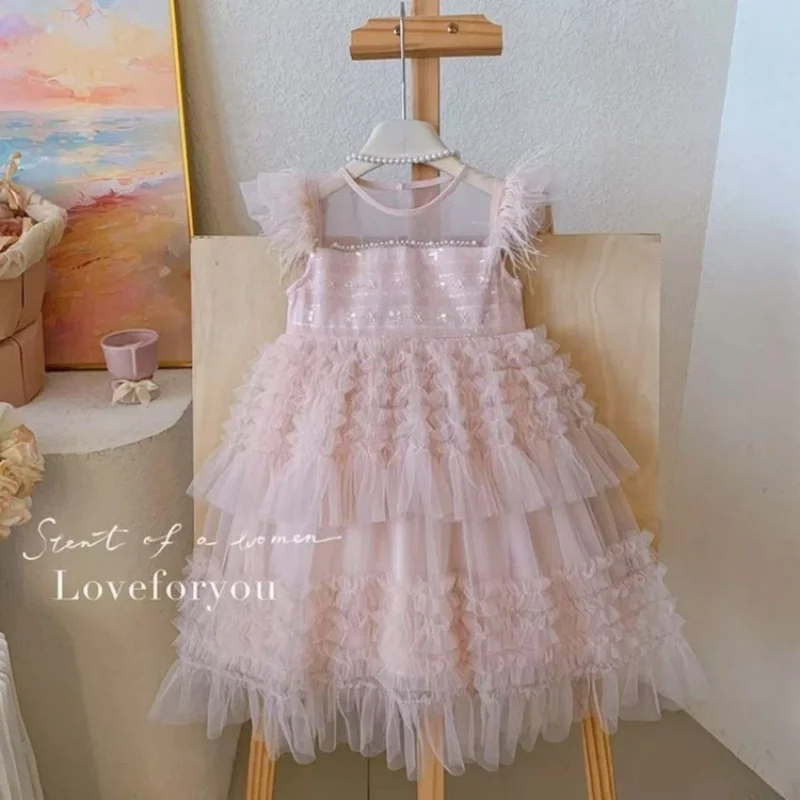 Girls' Princess Dress Summer Mesh Flutter Sleeve Tiered Cake Dress Sweet Birthday & Party Gift