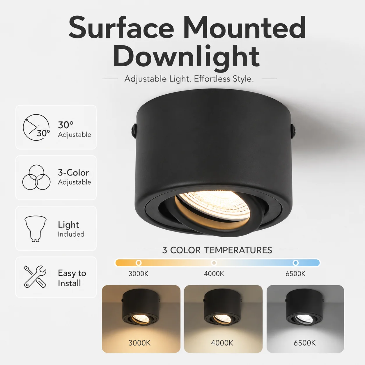 Surface Mounted Downlight 180-265V Adjustable Angle Ceiling Light Indoor for Living Room Kitchen Spotlight 3-color Fixture