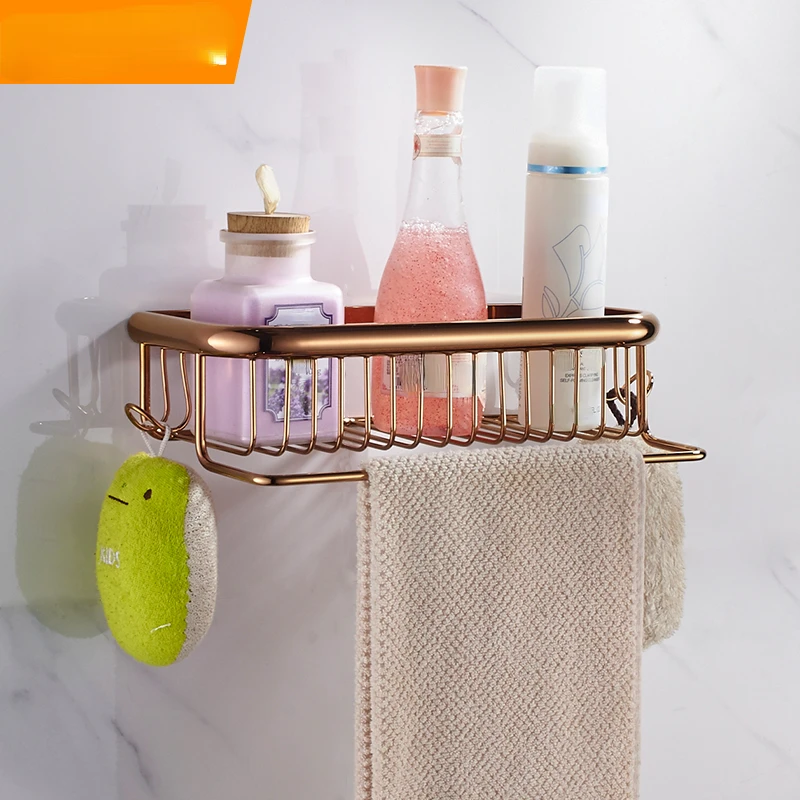 Punch-Free Bathroom Storage Rack Brass Toilet Shower Room Square Kitchen Wall Hanging Decoration