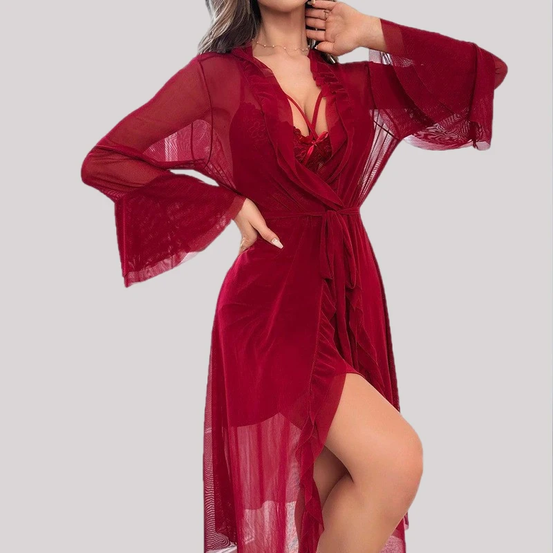 

Tornova Erotic Robe Bodysuit Pajamas Women Lace See-through Elegant Body Shaping Sexy Pure Desire Premium Hot Sleeping Skirt Set