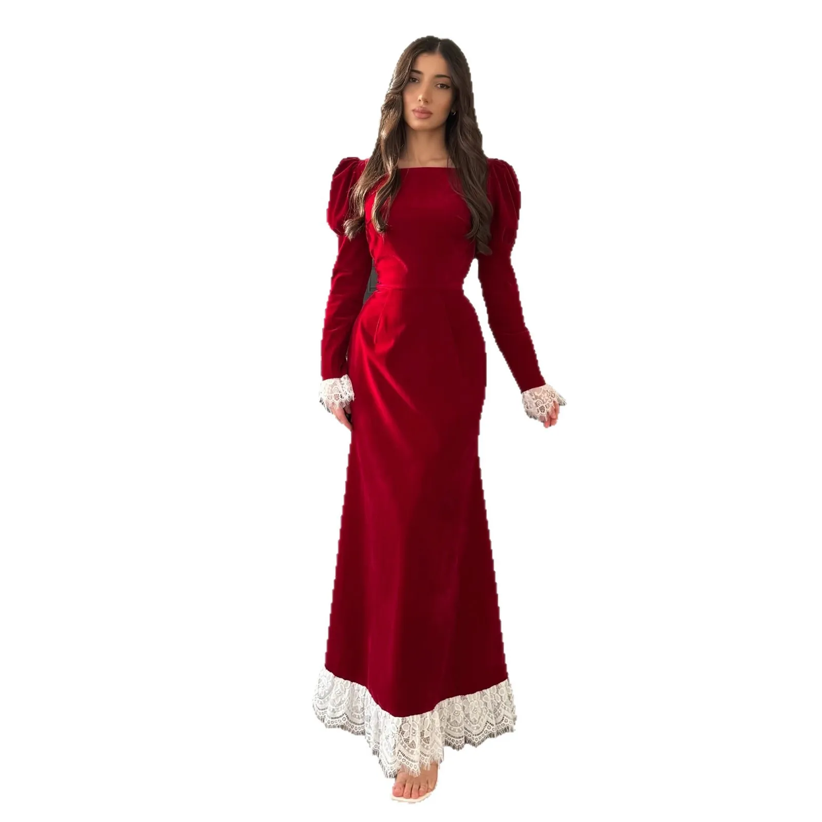 21630 Damska Sukienka Wieczorowa Syrena z Aksamitu z Gorsetem, Ozdobiona Perłami i Koronką, Elegancka Suknia Maxi na Bal, Wesele, Studniówkę