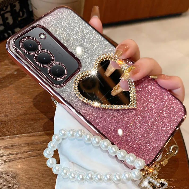 Redmi15 غطاء فاخر اللؤلؤ سوار الحال بالنسبة Xiaomi Redmi 15 4G 5G 15C POCO F7 X7 Pro 15T الماس الحب مرآة القضية مع الحبل