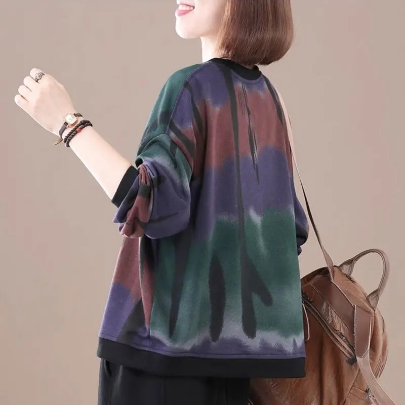 Stylish Korean Loose Pullovers 2024 Spring Autumn Vintage Gradient Printed Casual Female Clothing Round Neck Spliced Sweatshirts