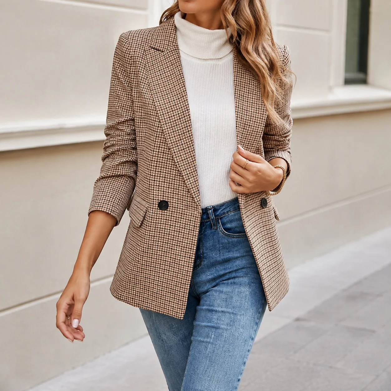Long Sleeve Patchwork Suit with Regular Length Literary Retro Spring Blazer Single Button Closure Regular Fit Elegant Women Suit