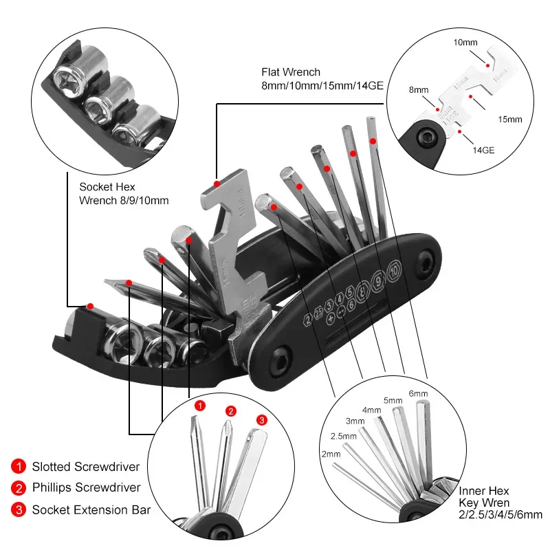 X-TIGER Bike Repair Tool Kits 16 in 1 Bicycle Multitool with Bike Tire Levers Hex Spoke Wrench Folding Metric Repair Tool Set