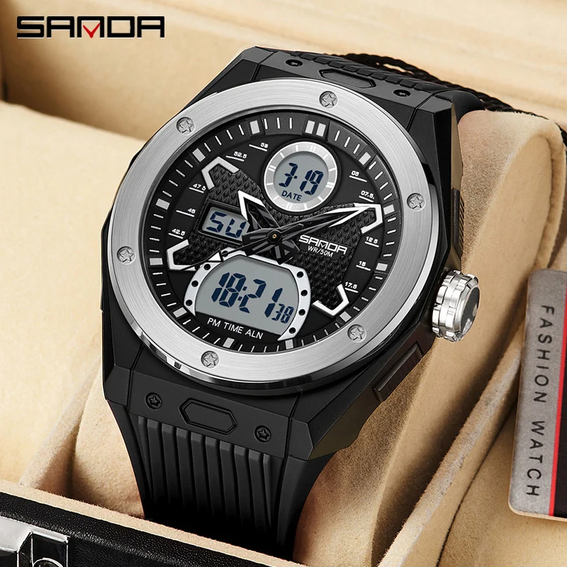 SANDA Fashion Sports Men Digital Watch Dual Time Pedometer Alarm Clock Waterproof Wristwatch Week Display Calendar Male Clock