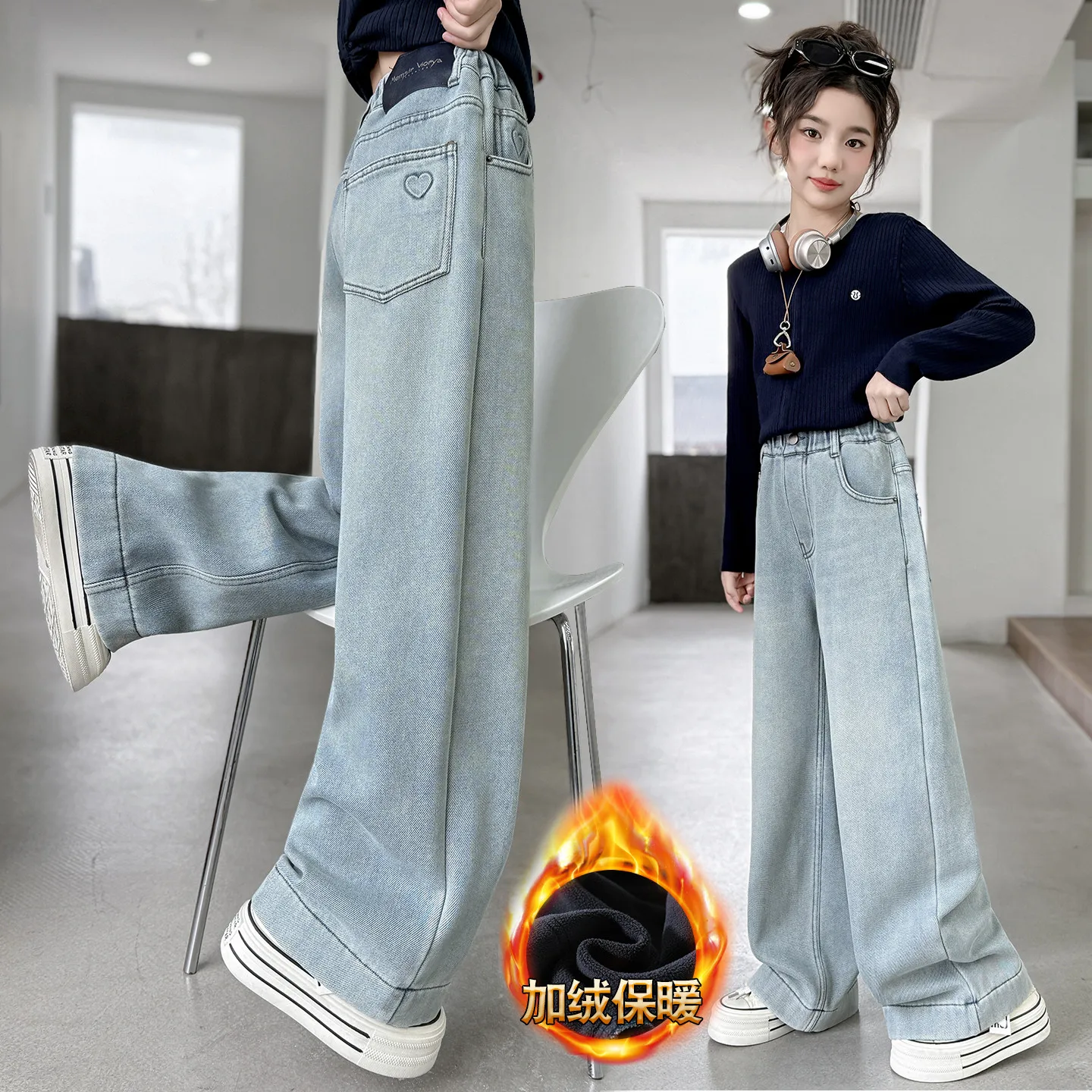 

Autumn Young Teenager Girls Denim Pants Elastic Waist Youth Girls Trousers Loose Casual Pure Color Children Girls Jeans Age 4-14