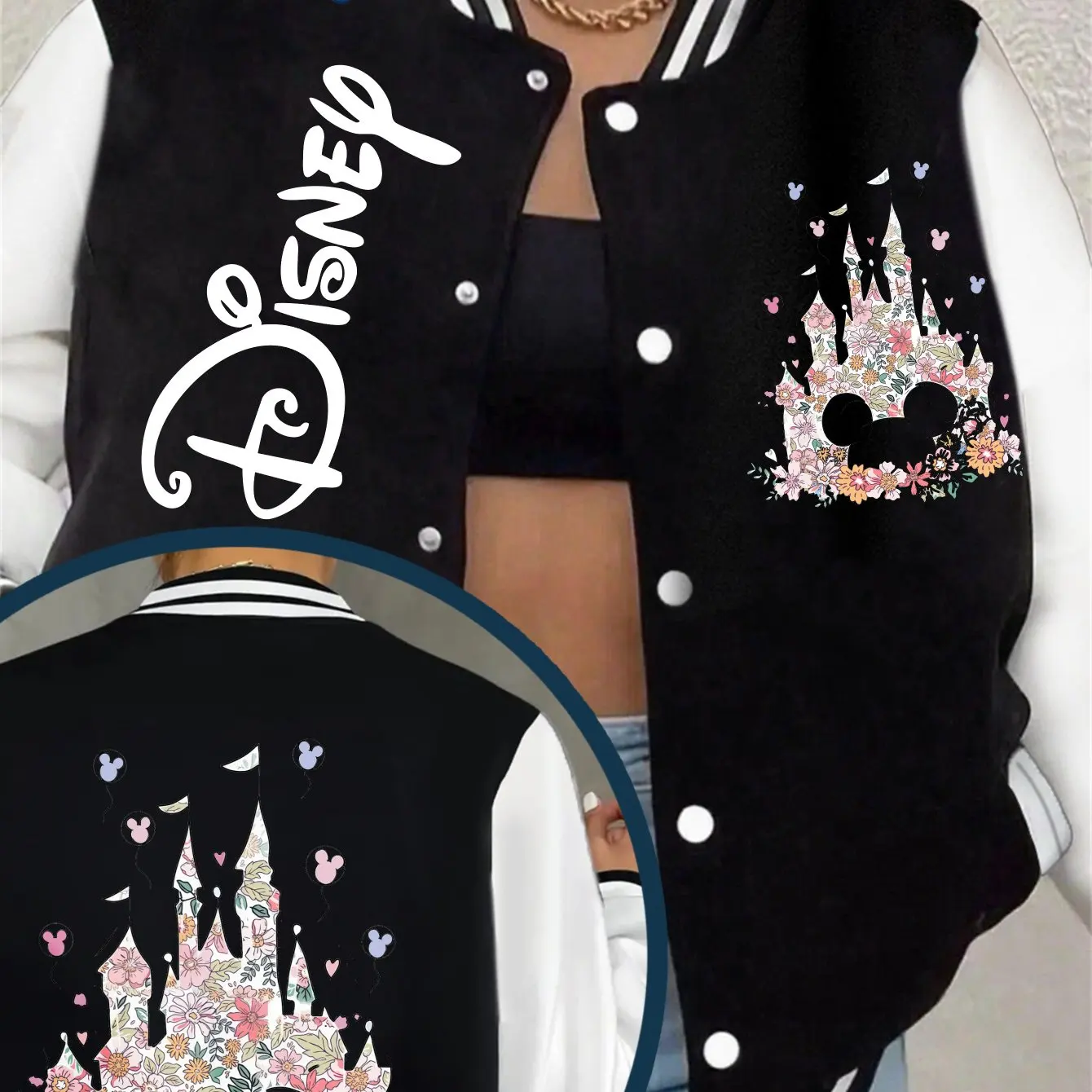 Disney dámská bunda Mickey Mouse Castle, podzimní a zimní, nová, pro muže a ženy, pro páry, retro módní pouliční oblečení - náhled 2