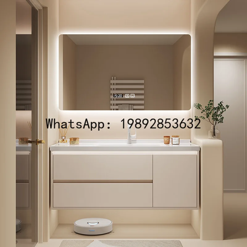 LYY Cream Style Bathroom Cabinet Washroom Sink Basin Combination Wall-Mounted Ceramic Integrated Basin Washstand Cabinet