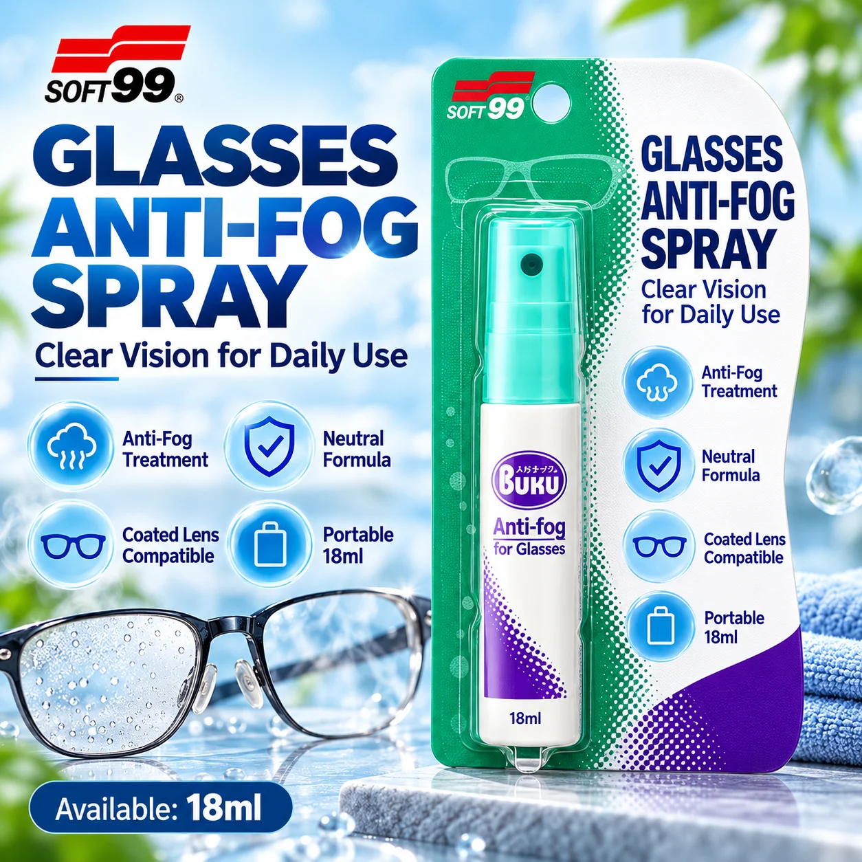 SOFT99 20134 Glasses Anti-Fog Spray Portable Neutral Lens Treatment for Masks Hot Drinks Daily Eyeglasses 18ml