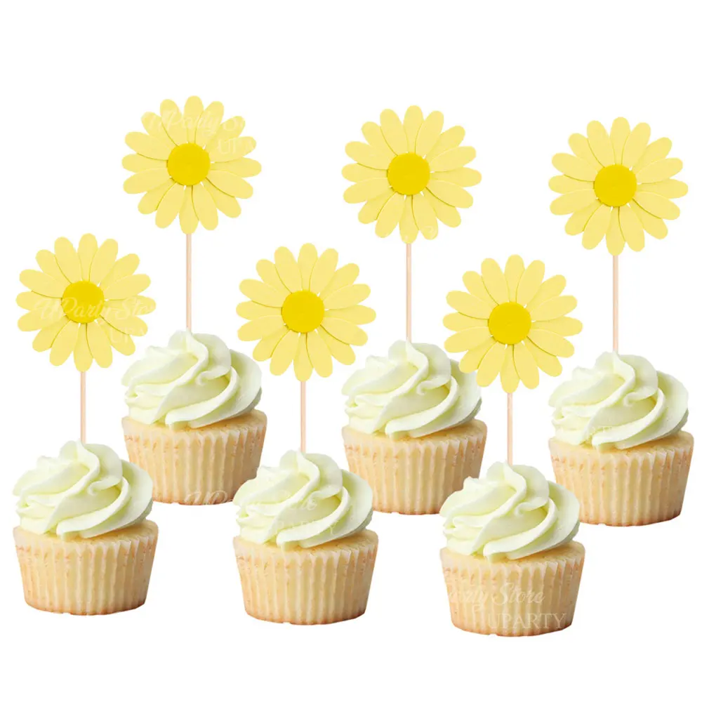 24 Stück Gänseblümchen-Cupcake-Topper, rosa, gelb, weiß, Gänseblümchen-Kuchenaufsätze für Babys in Bloom, Babyparty, Geburtstagskuchen-Dekoration, Gastgeschenk – Detail 5