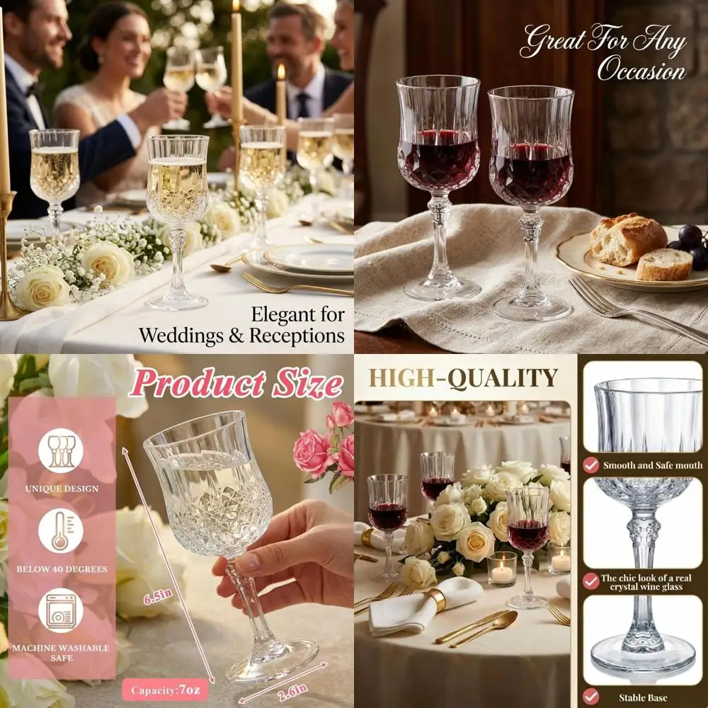 Juego de 50 Vasos de Vino de Plástico Reutilizables de 7 oz, Estilo Vintage, Ideales para Beber Agua, Aptos para Lavavajillas, Perfectos para el Día de la Madre