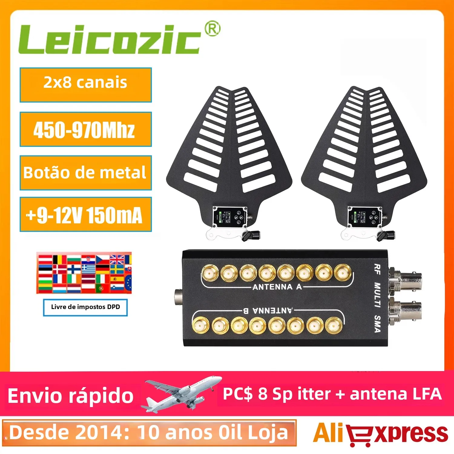 Leicozic 2x8 canais amplificador de sinal divisor pcs8 + lfa antena ativa distribuidor rf para bodypack portátil sem fio microfone