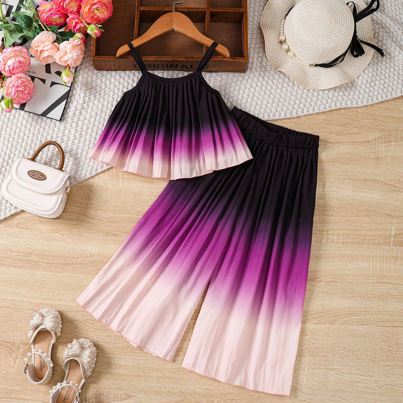 Young Girl 2pcs Casual Ombre Pleated Camisole Top And Wide Leg Pants For Summer