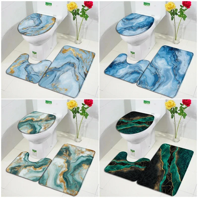 Abstract Marble Bath Mat Set Blue Ink Texture Green Geometric Pattern Modern Home Bathroom Decor Non-Slip Rugs Toilet Member Cov