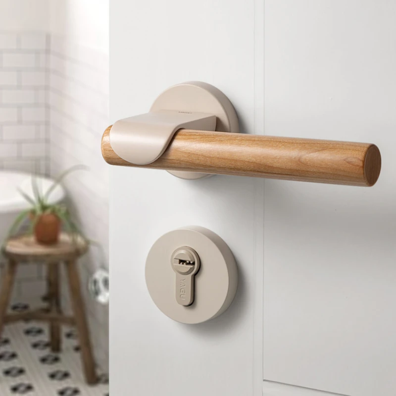 Door lock beige cherry wood door handle Indoor bedroom door lock Simple solid wood door lock