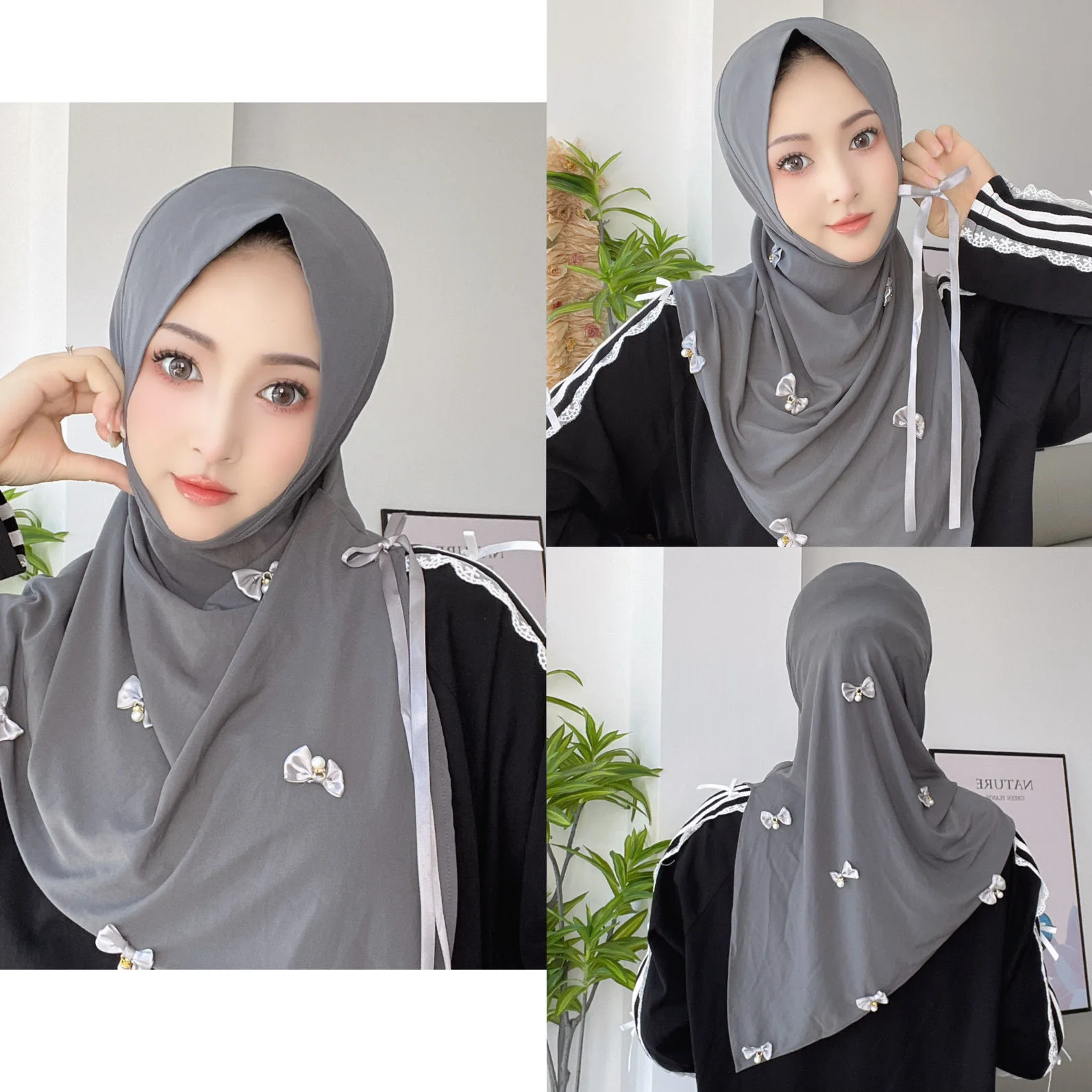 Moslem Sweet Girls Festival Fancy Cover Bow Decor Hijabs