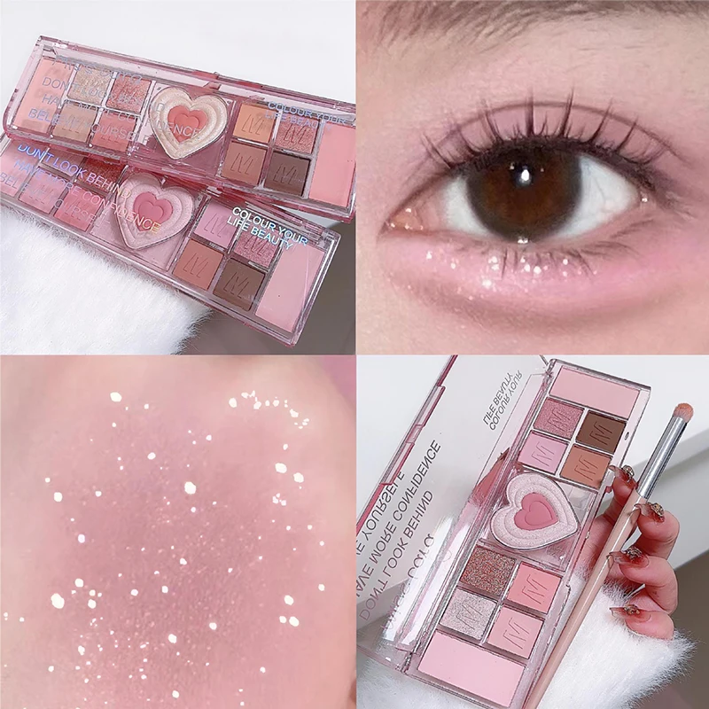 Paleta da sombra rosa do coração do amor, composição delicada do olho, brilho natural, baixa saturação, cosméticos da beleza, 12 cores