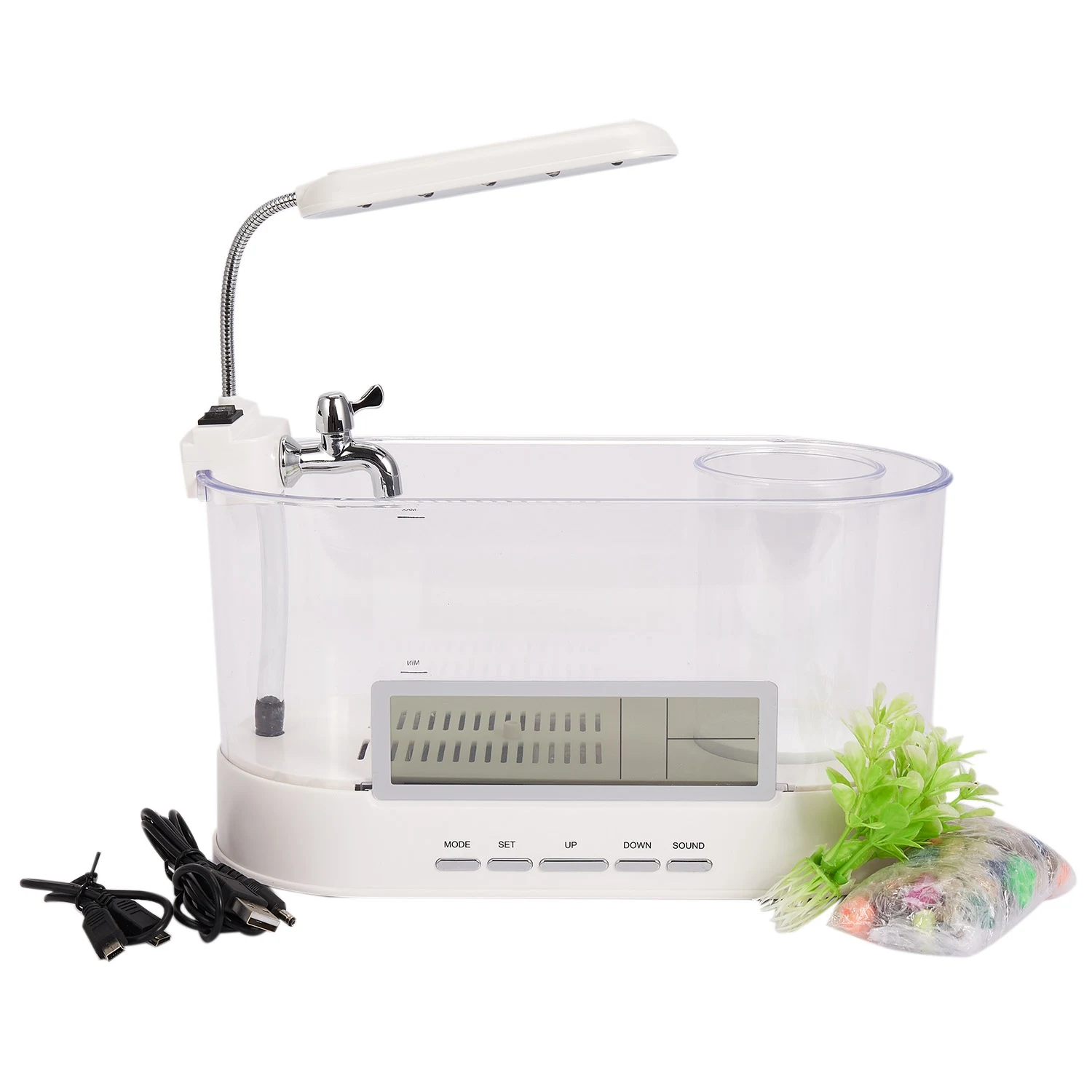 Mini Aquarium de Poissons Précieux avec Horloge, Fonction Multifonctionnelle, Lumière LED, Rechargeable par USB, Décoration de Maison, Blanc