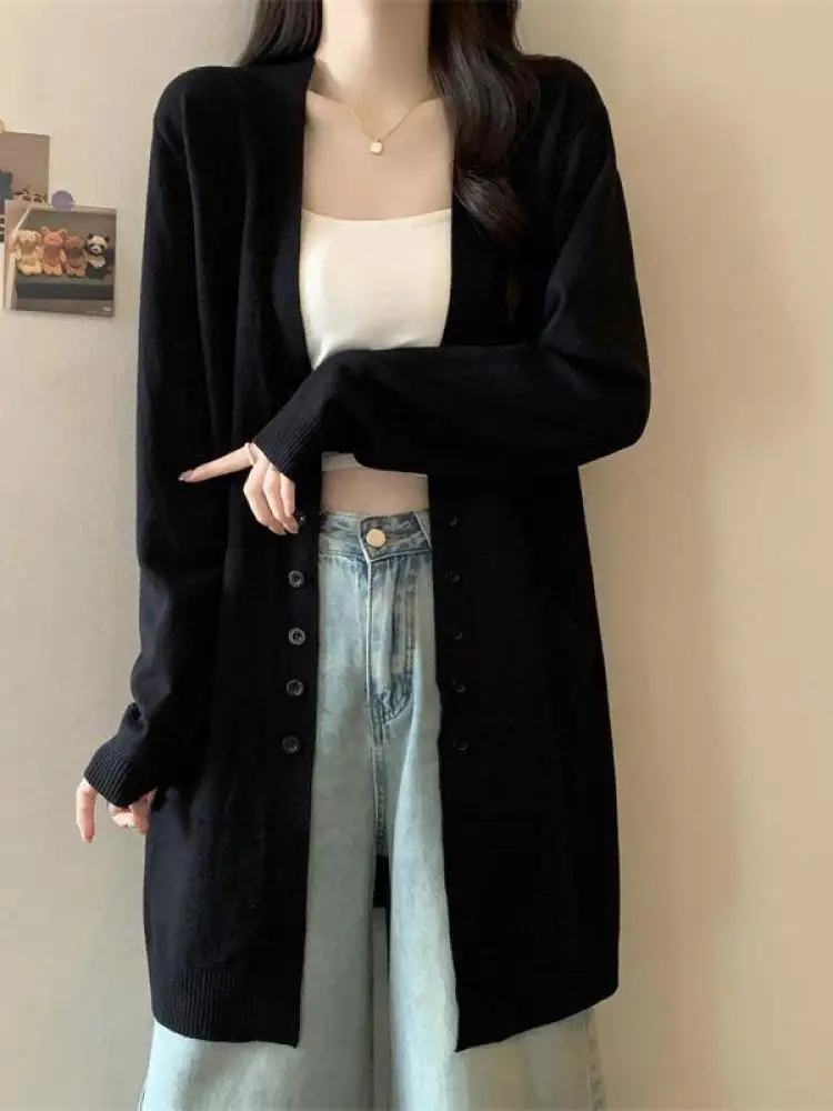

Autumn Winter Solid Elegant Long Sleeved Cardigan Knitted Tops Korean Fashion Women Versatile Single Breasted Sweater Simplicity