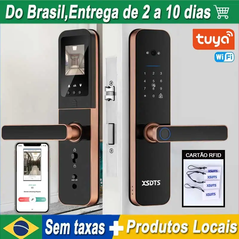 Tuya WiFi Eletrônico Smart Door Lock com Câmera, Impressão Digital Biométrica, Smart IC Card, Senha Chave de Desbloqueio, USB Emergency Unlock