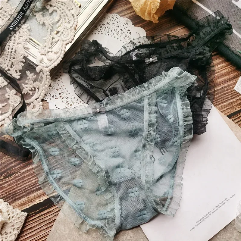 Sexy and Comfortable Mesh Ruffle Flower Sweet and Lovely Low Waist Female Underwear Panties Women Lingerie Transparent New