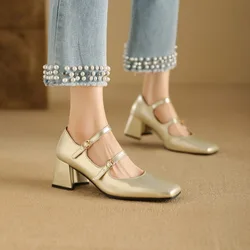 New Candy Color 6cm Thick Heel Sandals Square Toe 2024 Mary Jane Sandals Pearl Buckle Single Shoes Big Sizes 32-48 Women's Shoes