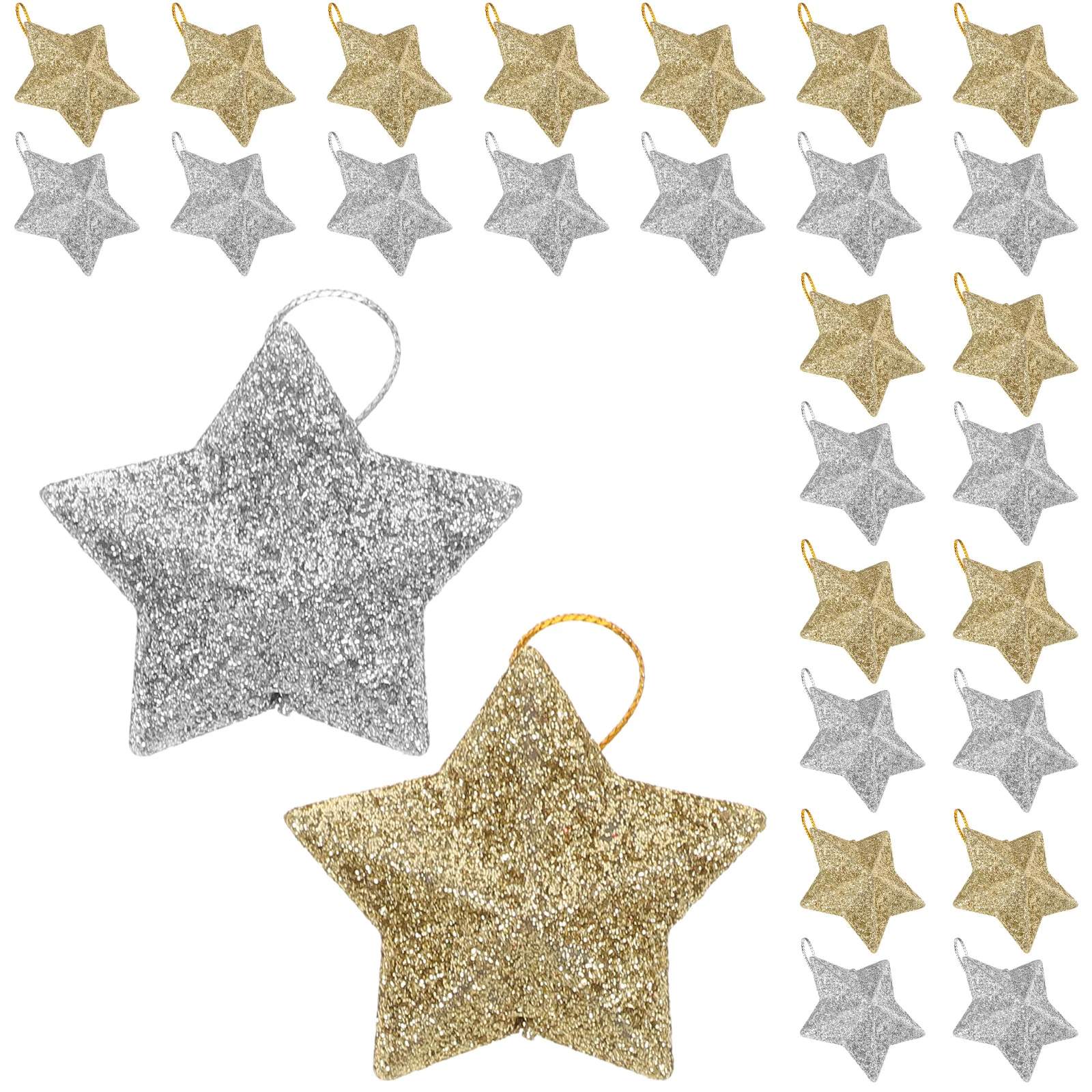 

60Pcs Christmas Star Hanging Ornaments Glitter Five-Pointed Star Pendants Gold Silver Xmas Tree Decorations Party Scene Layout