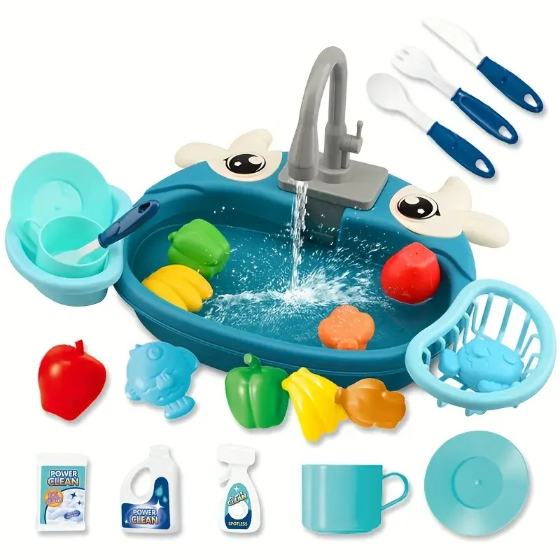 Play House Simulazione di cartoni animati Cucina Tavolo per lavare i piatti Rubinetto elettrico Ciclo fuori l'acqua Interazione genitore-figlio Giocattoli per bambini