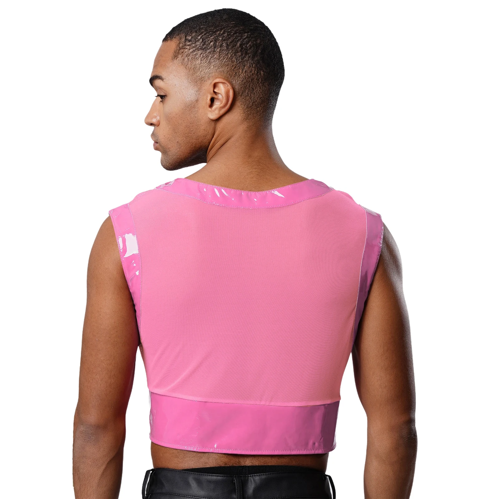Mens Glossy Patent Leather Trim Crop Top Sleeveless See Through Mesh Muscle Showing Tank Tops Blouse Disco Rave Party Clubwear