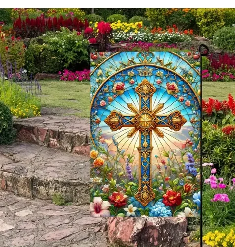 Beautiful Cross Stained Glass Style Double-Sided Garden Flag, 12x18:, Great Gift JJE WZZ yyi