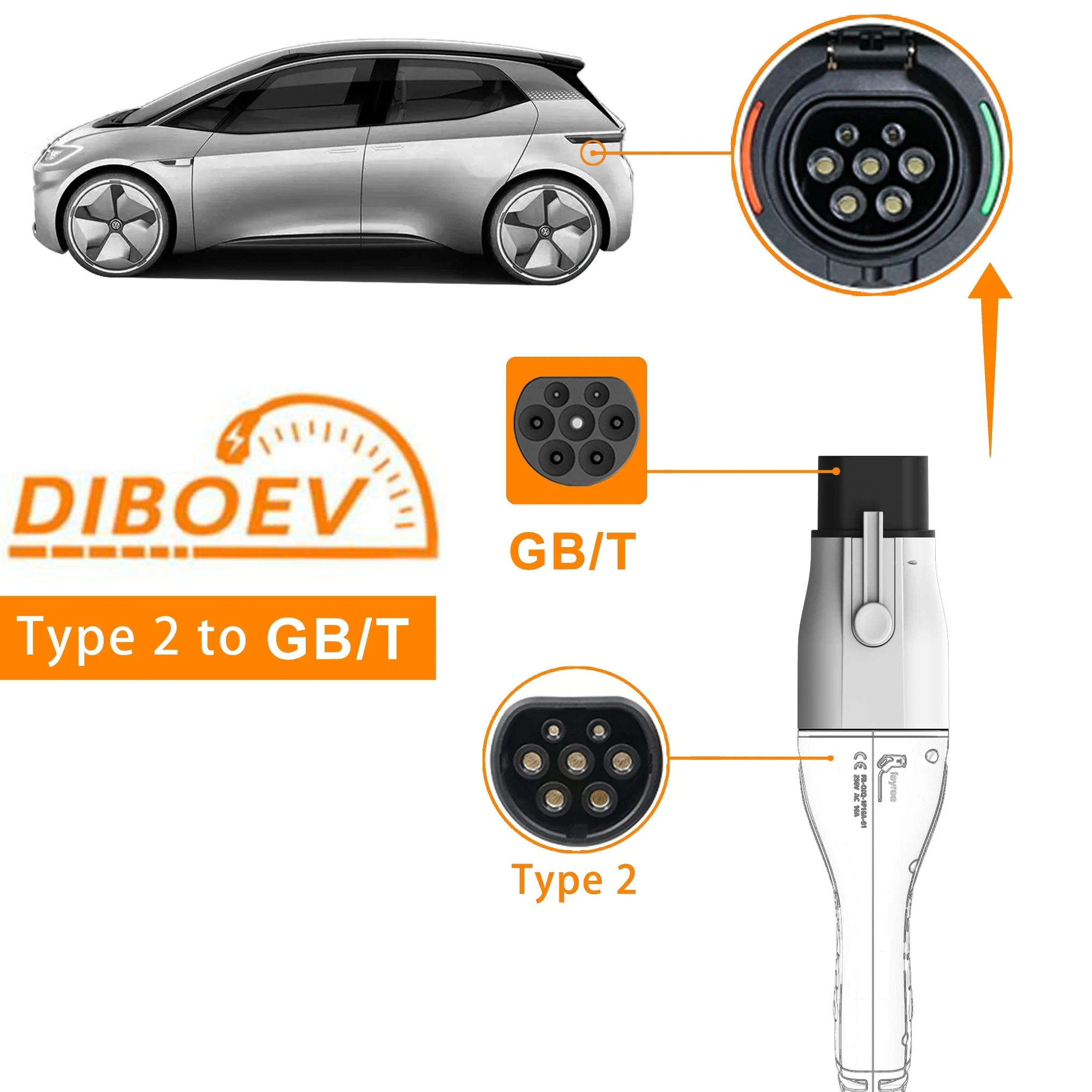 

DIBO EV EV Charger Adapter Type 2 IEC 62196-2 to GB/T Converter for China Standard Electric Vehicle Charging EV Connector 16A 32