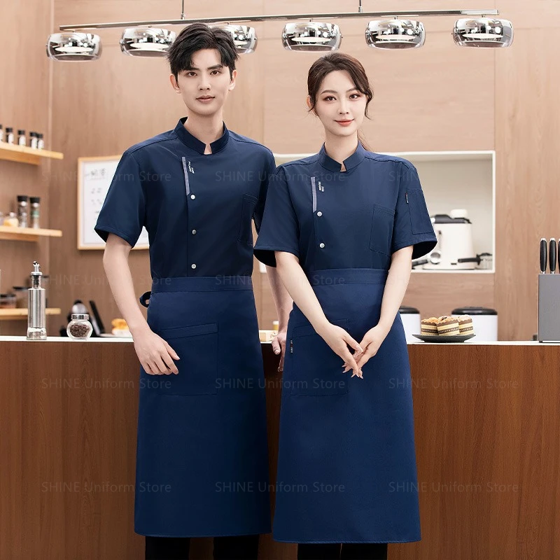 Manteau de Chef de cuisine de Restaurant, vêtements de travail noirs, veste de Chef en maille respirante à manches courtes, uniforme de chef avec tablier, accessoires pour hommes