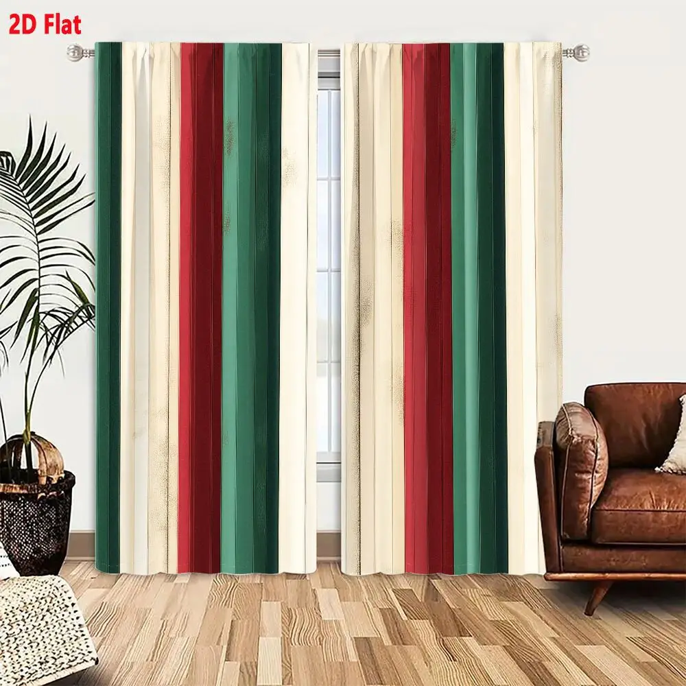 2Pcs Curtains 2D Flat Vertical Striped Pattern Resembling Painted Wooden Planks In Deep Red Forest Green And Off-white With Rust