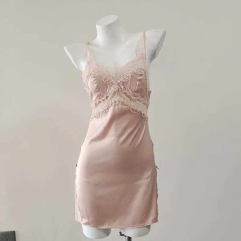 Sexy Women's Pajamas with Chest Pads Thin Ice Silk Lace Suspender Nightgown Female Temptation Lingerie Side Slit Nightwear