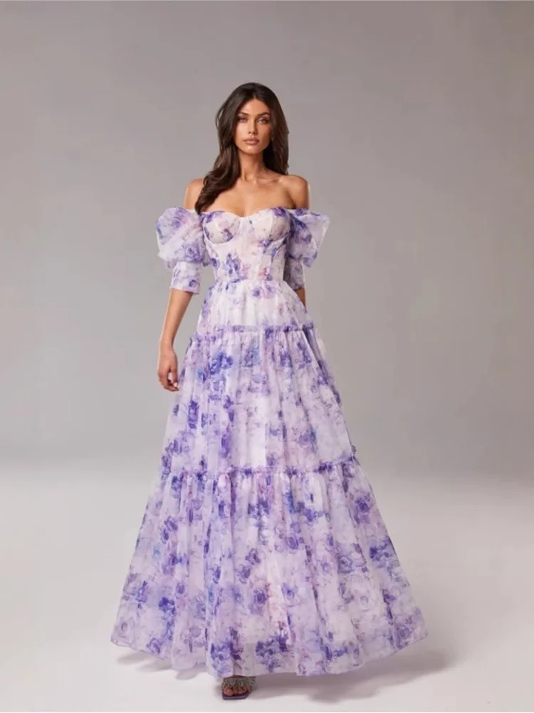 

2025 New Elegant Floral Print Dresses Women's Spring Summer A-line Fashion Loose Off-The-Shoulder Evening Party Dress Clothing