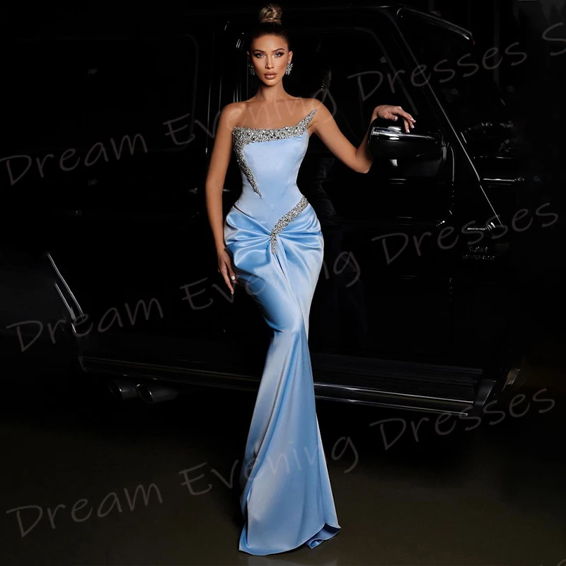 Nieuwe Hemelsblauwe Zeemeermin Mooie Dames Avondjurken Sexy Strapless Mouwloze Prom Jurken Kralen Formele Party Vestido De Noche