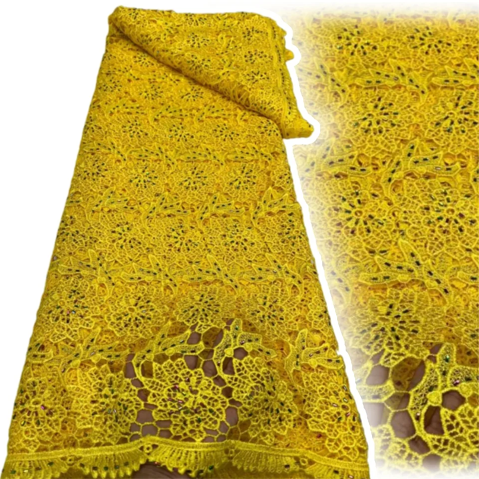 

African Nigerian Cotton Knitted Rope Wedding Lace Fabric Water Soluble Beaded Fabric Women's Party Dress Sewing Material 2211