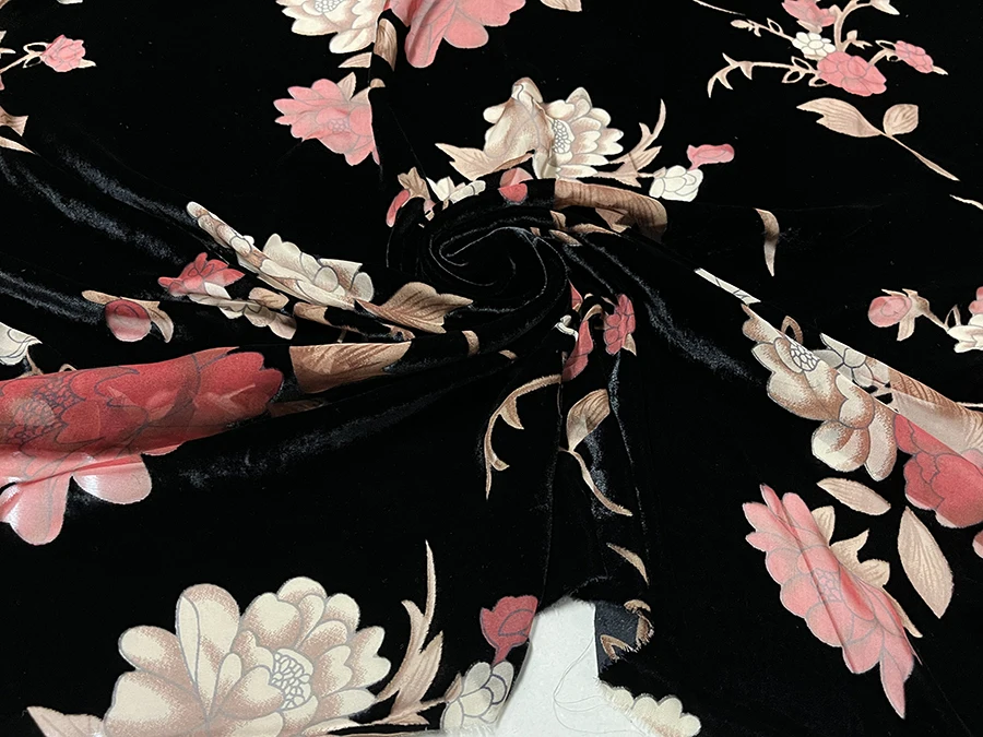 

Black Background Pink Flower Cutout High Quality Real Silk Pleuche Cloth Velvet for Cheongsam Qipao Dress Soft Fabric