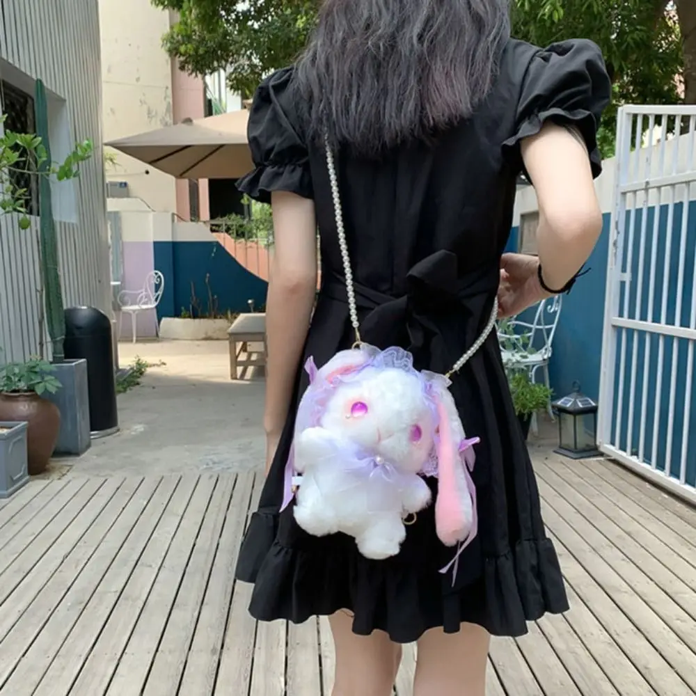 New Cute Bunny Plush Bag Lolita Shoulder Bag Kawaii Princess Sweet Pearl Chain Crossbody Bags Long-eared Rabbit Purse