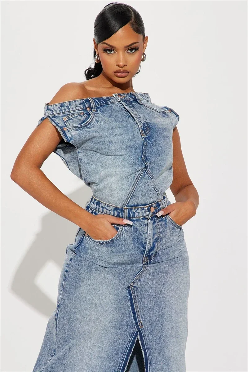 Streetwear Denim 2 Piece Sets Women Outfit Summer Clothes Women 2024 Off Shoulder Crop Top + Skirt Sets Fashion Jean Dress Sets