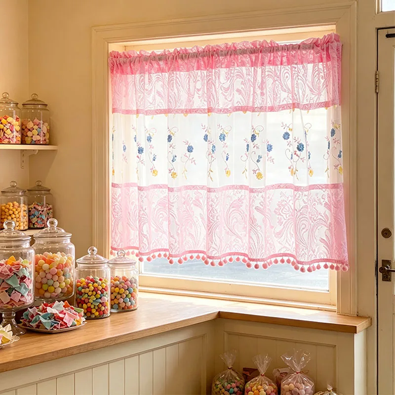 1pc Spliced Pink Phoenix‑Tail Lace Valance, Blue‑Yellow‑Pink Floral Stitched Semi‑Sheer Curtain with Pom‑pom Trim for Window