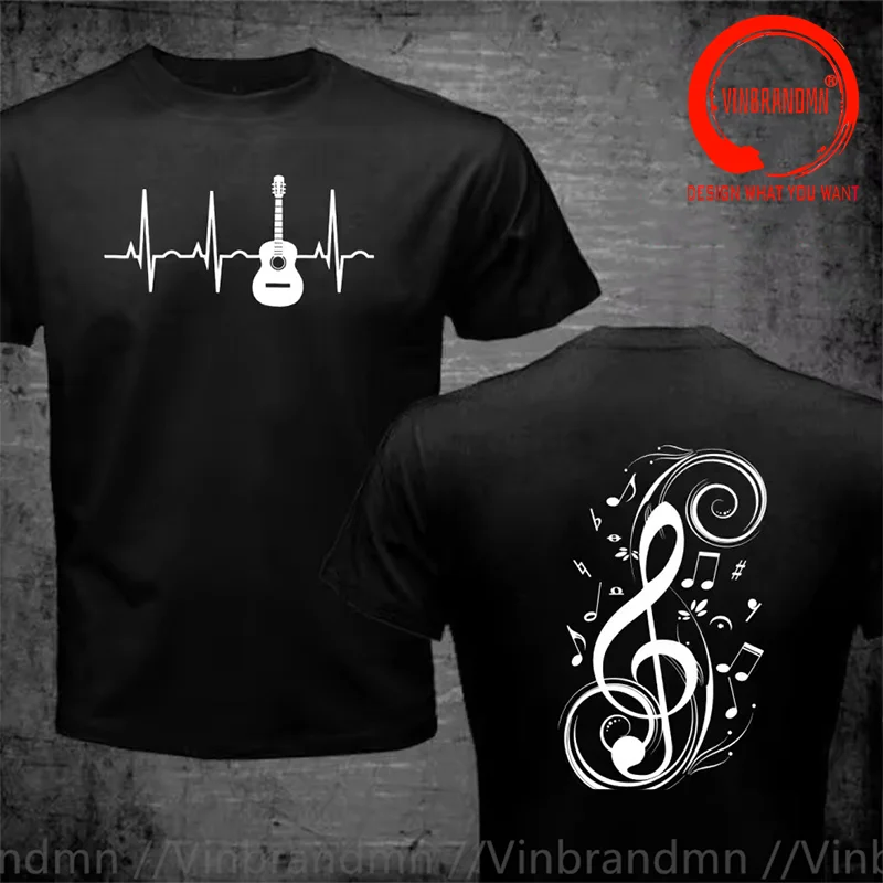 Classic Design Acoustic Guitar Heartbeat Guitar Musician Music Notes Doublet Men Fashion Trendy Casual Clothing Stylish Tops Tee